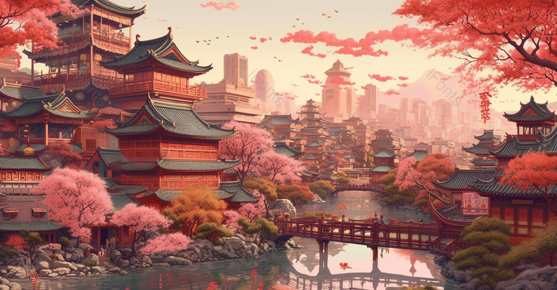 城市枫叶复古建筑红色渐变大气国潮风插画故宫远山祥云,插画/手绘图,插画/手绘图库,插画/手绘图下载,插画/手绘